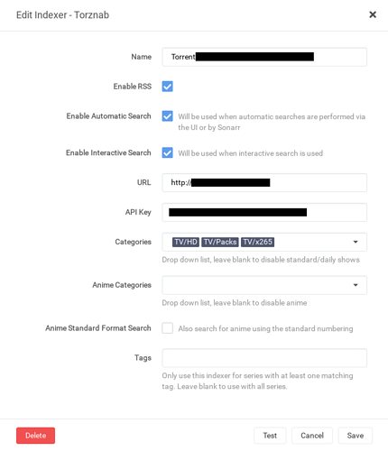 Before Indexer Settings - Sonarr
